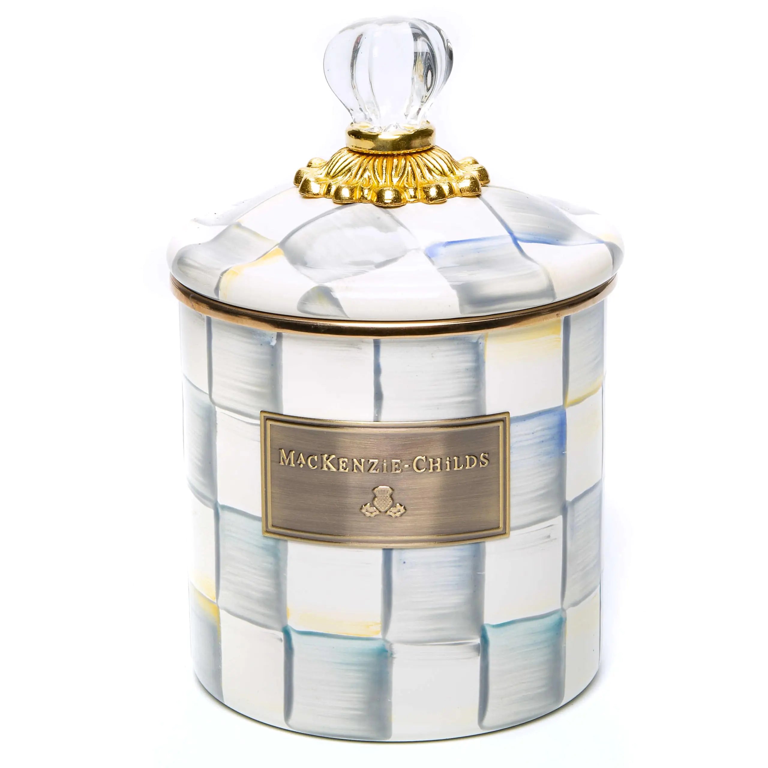 MACKENZIE-CHILDS Sterling Check Enamel Canister Gray-and-White Kitchen Storage Container with Lid Small