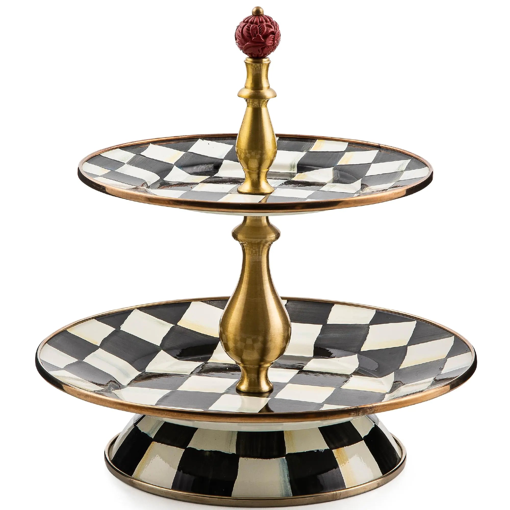 MACKENZIE-CHILDS Enamel Two-Tier Sweet Stand Two-Tiered Serving Tray for Dessert Black-and-White Courtly Check
