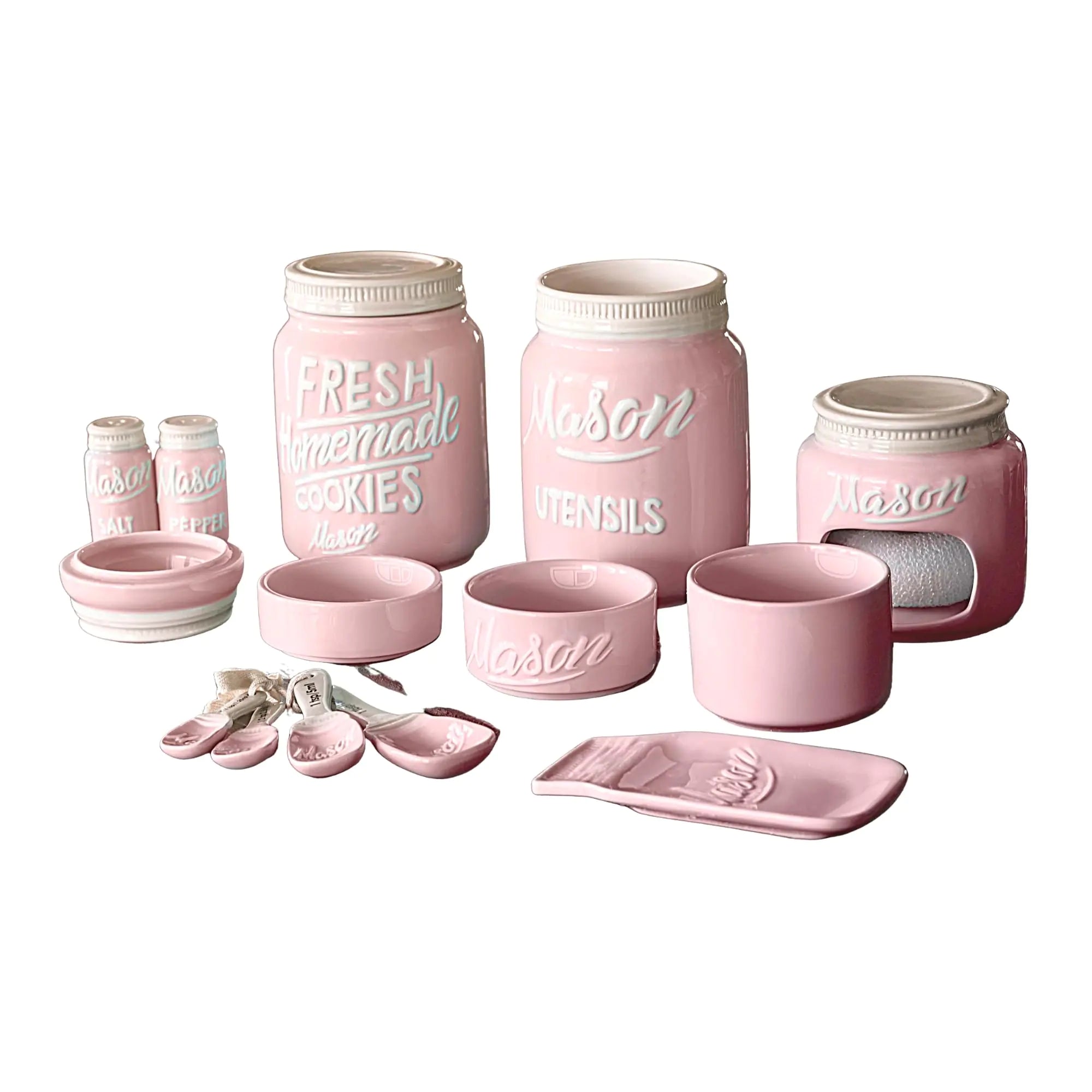 Farmhouse Canisters Sets for the Kitchen - Mason Jar Ceramic Kitchen Utensil Holder Spoon Rest Cute Cookie Jar Salt & Pepper Shaker Sets Sponge Holder Measuring Cups & Spoons (Pink 17-Pc Bundle)