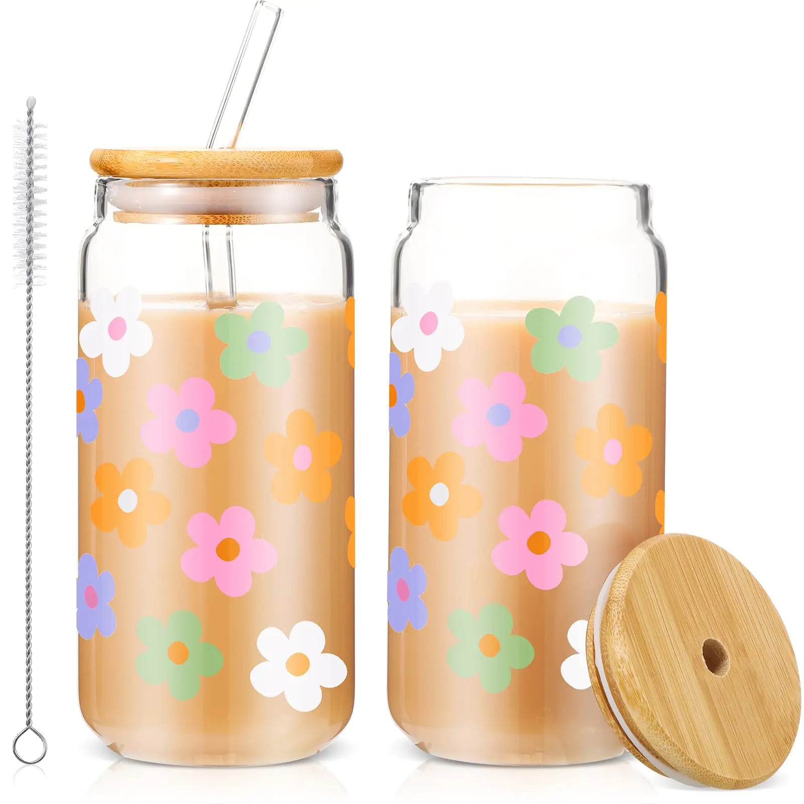 Cunhill 2 Sets 16 oz Glass Cups with Lids and Straws Iced Coffee Cups with Bamboo Lids and Brush Can Shaped Drinking Glasses Tumbler Valentines Day Gift for Women Teacher Nurse(Flower Style)