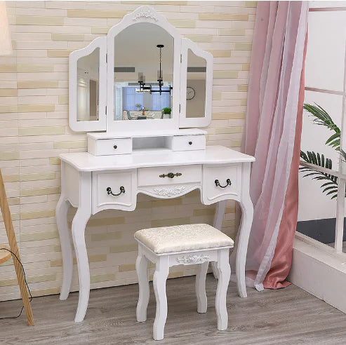 Vanity Table with Wooden Stool, 3 Mirrors, 5 Drawers