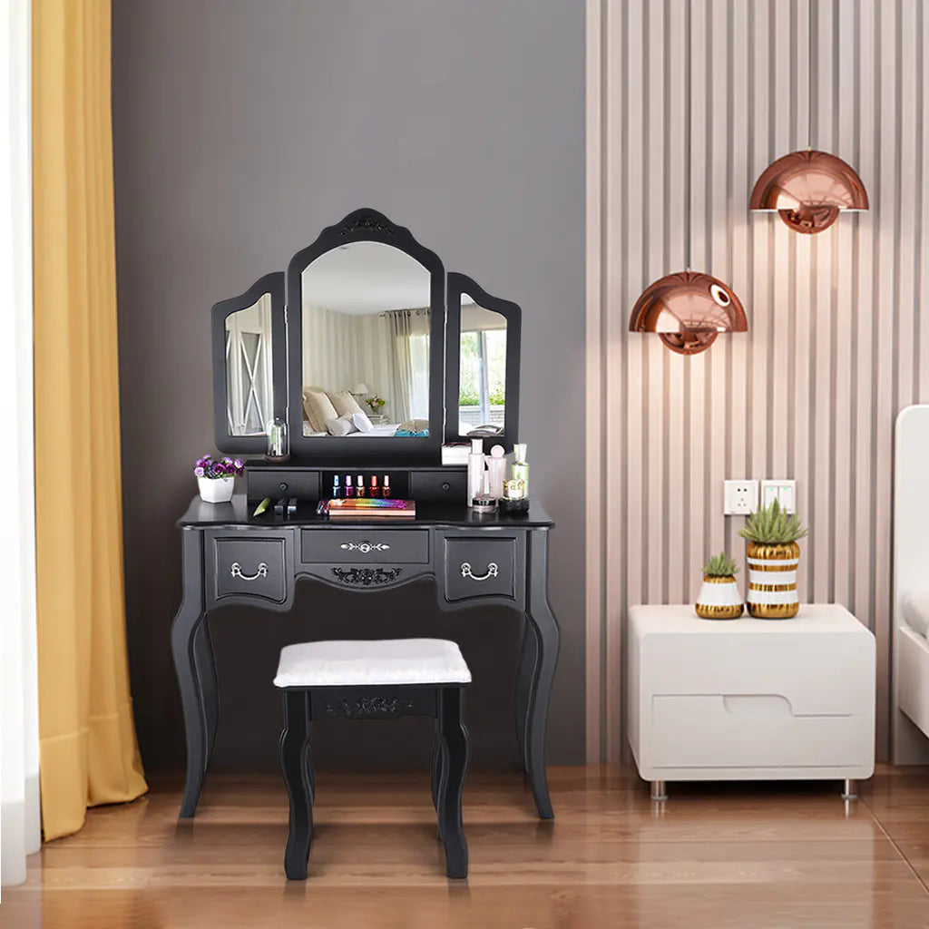 Vanity Table with Wooden Stool, 3 Mirrors, 5 Drawers