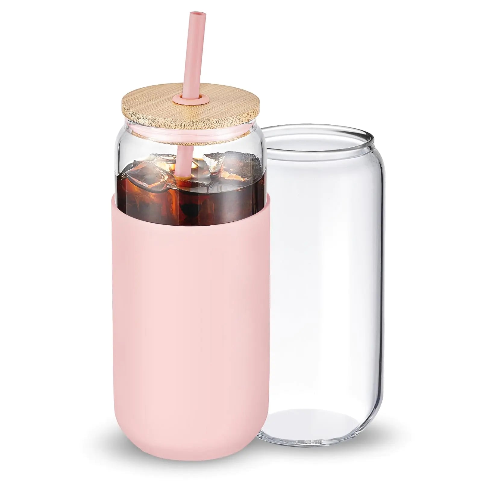 WillCome 20oz Glass Cups with Lids and 3 Types of StrawsBeer Can Shaped Glass Tumbler with Protective SleeveCute Iced Glass Coffee CupDrinking Glasses for SmoothieBeerBobaGift1 PackPink