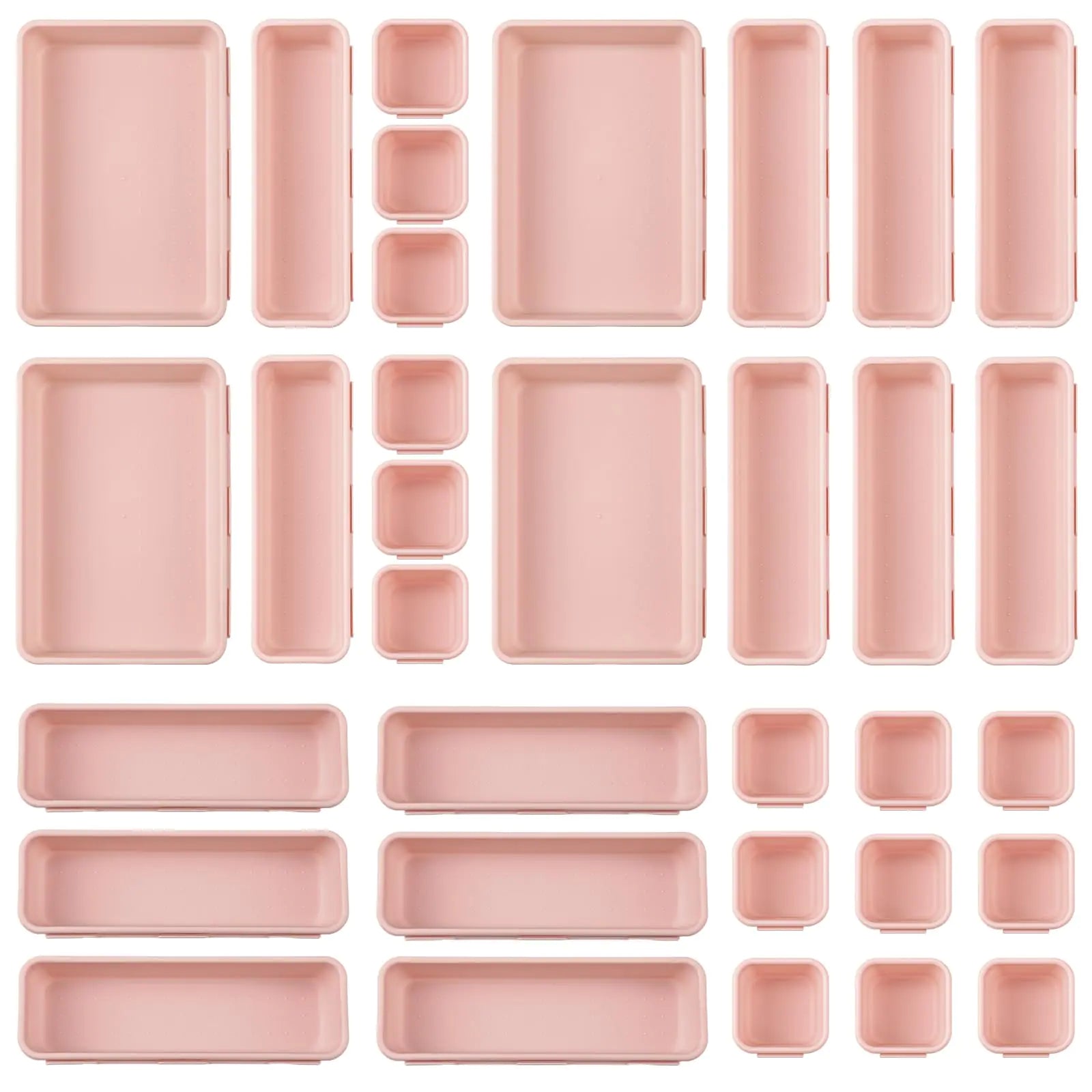 Purpeak 32 Pcs Desk Drawer Organizer Office Organization Tray Versatile Vanity Organizer with Nonslip Pads Makeup Organizer for Divider Drawer Storage Box Container for Kitchen Bedroom (Pink)