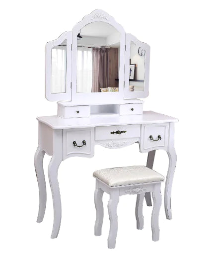Vanity Table with Wooden Stool, 3 Mirrors, 5 Drawers