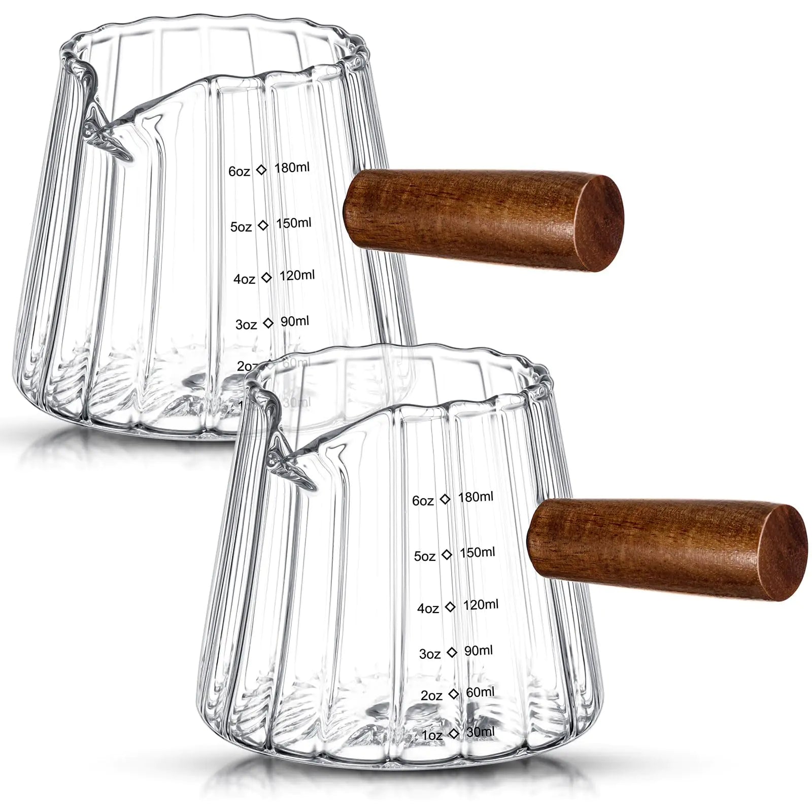 Jingmore Espresso Shot Glass with Wood Handle Single Spouts Espresso Cups Measuring Cup with Clear Scale Heat Resistant Espresso Glasses for Coffee Milk Tea Syrup(2 Pcs)