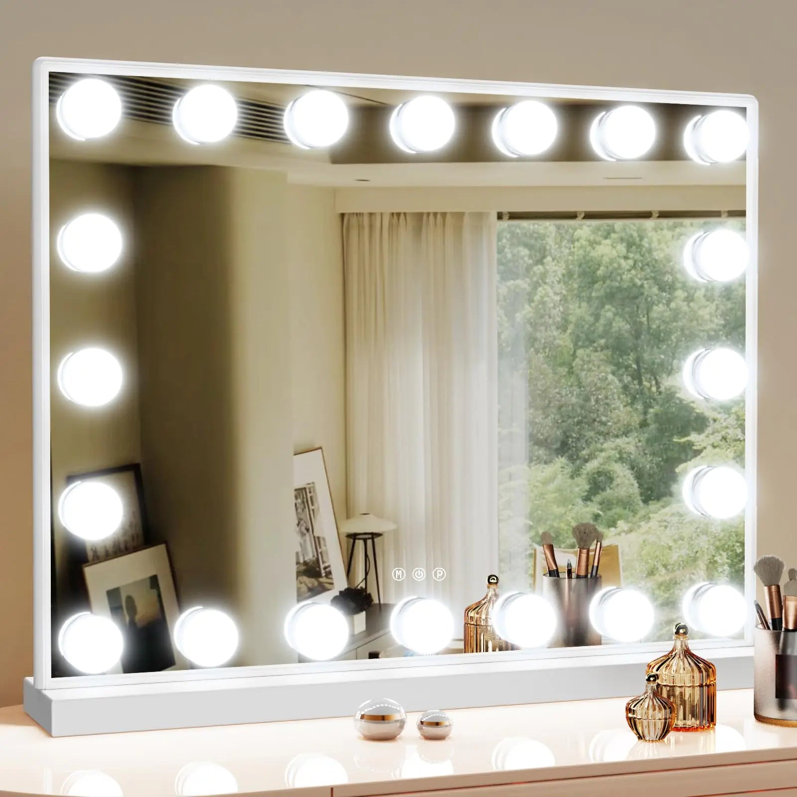 DEXHOM 22.8X18.5 Vanity Mirror with Makeup LightsTabletop Mirror with USB & Type-C Charing Large Hollywood Light up Mirrors w/ 20 LED Bulbs for Bedroom Tabletop & Wall Mounted (Silver)
