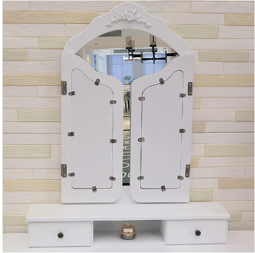 Vanity Table with Wooden Stool, 3 Mirrors, 5 Drawers