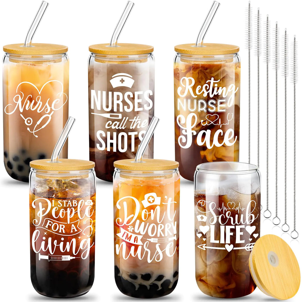 Purpeak 6 Set Nurse Appreciation Gifts Nurse Week Gift Bulk Christmas Emergency Nurses Cups 16oz Can Shaped Nurse Beer Glass with Lids Straws Brushes Nurse Day Gift Practitioner Gifts(Delicate)