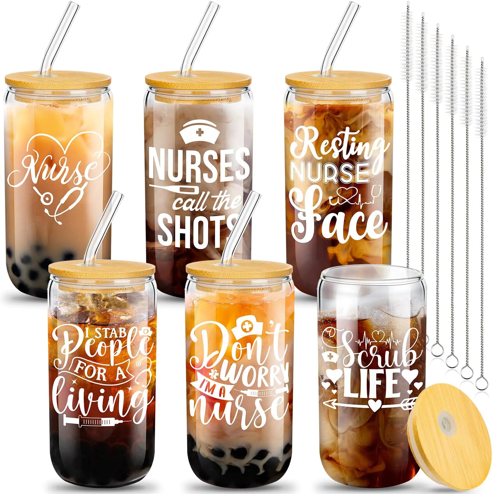 Purpeak 6 Set Nurse Appreciation Gifts Nurse Week Gift Bulk Christmas Emergency Nurses Cups 16oz Can Shaped Nurse Beer Glass with Lids Straws Brushes Nurse Day Gift Practitioner Gifts(Delicate)