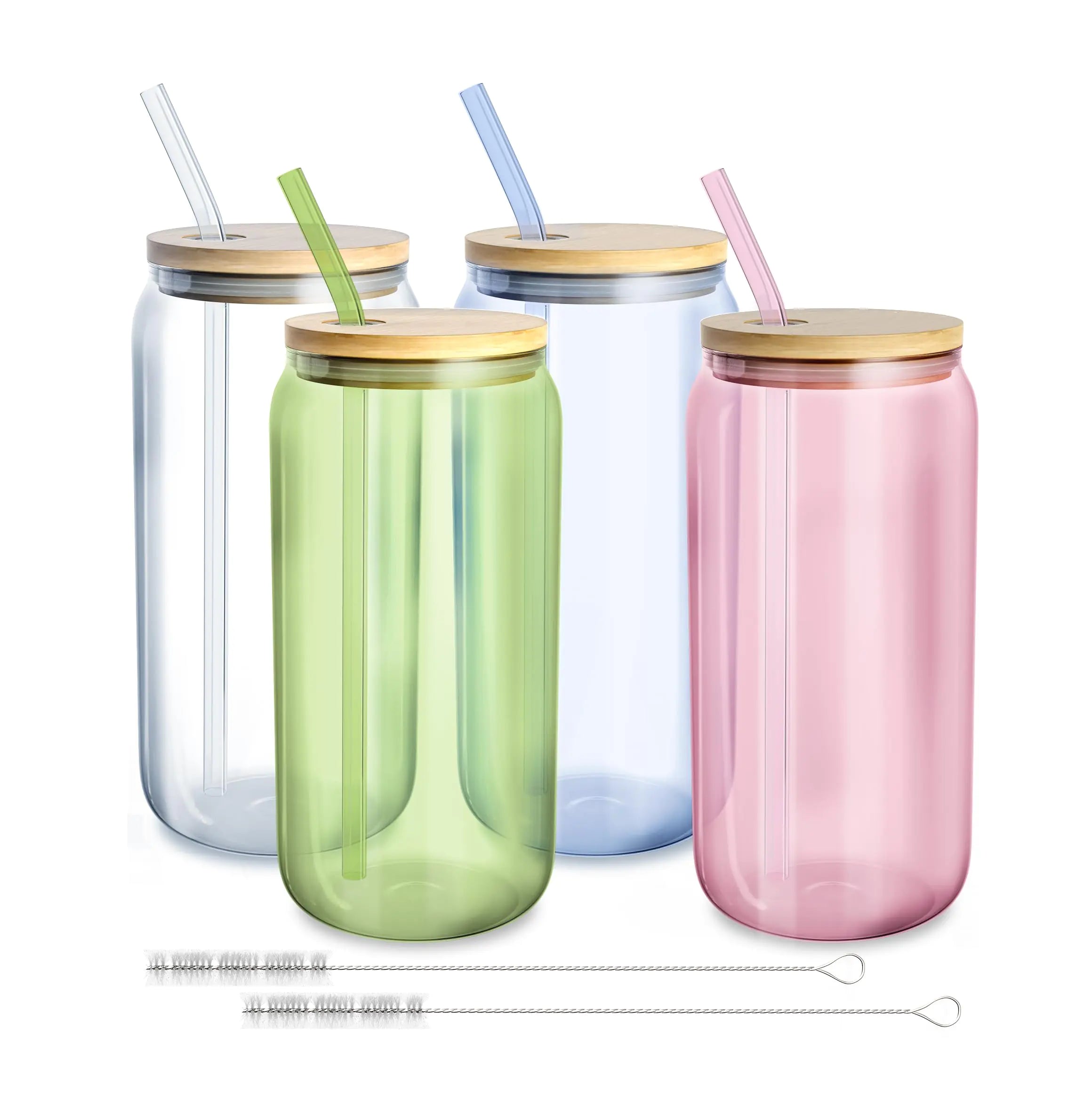 fullstar Glass Cups with Lids and Straws - Drinking Glasses Glass Tumbler with Straw and Lid Iced Coffee Cups Glass Coffee Cups with Bamboo Lids (Multicolor 4 Pack)
