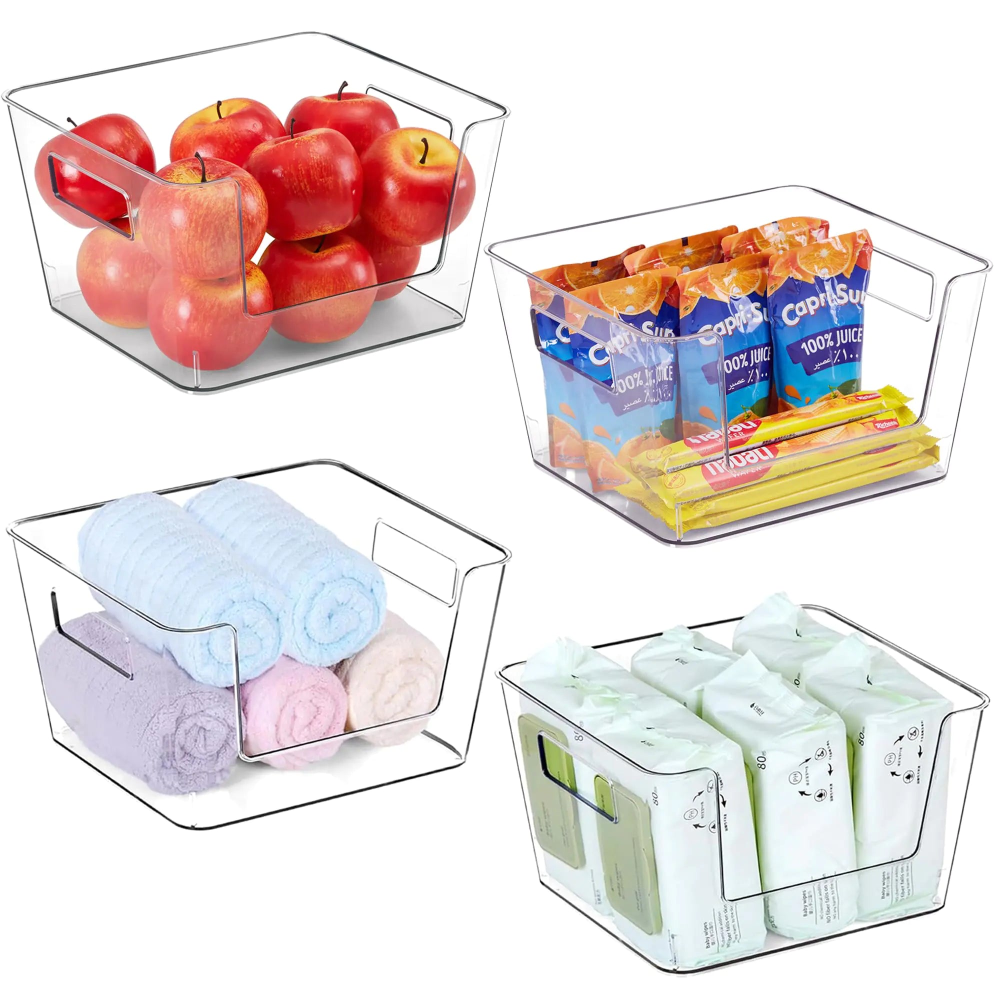 vacane 4 Pack Plastic Open Front Storage Bins Clear Storage Container Bins Pantry Organizer Bins Kitchen Organization Cabinet Organizers Bathroom Organization Refrigerator Organizer Bins