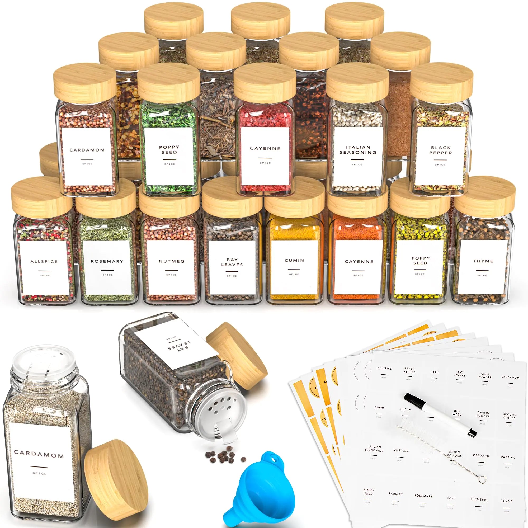 24 Glass Spice Jars with Label Spice Jar Set with Bamboo Lids 4oz Seasoning Containers Shakers & Spice Labels Empty Spice Bottles Kitchen Organization Storage for Cabinet Drawer Decor Essentials