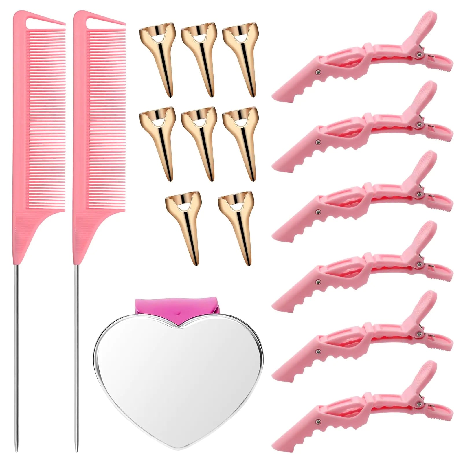 Coldairsoap 17 Pieces Hair Parting Tools Set Heart Included 8P Hair Parting Ring 2P Metal Rat Tail Comb 6P Hair Sectioning Clip with 1P Magnetic Wrist Sewing Pin Holder for Braiding (Pink)