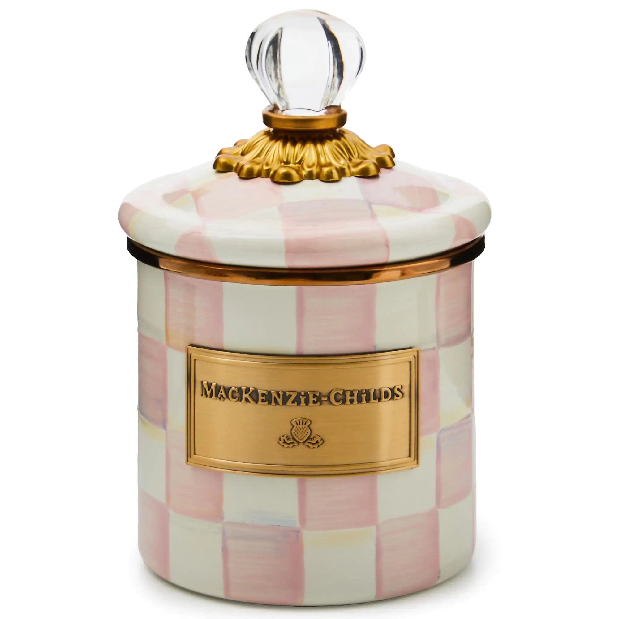 MACKENZIE-CHILDS Rosy Check Enamel Canister Pink-and-White Kitchen Storage Container with Lid Demi