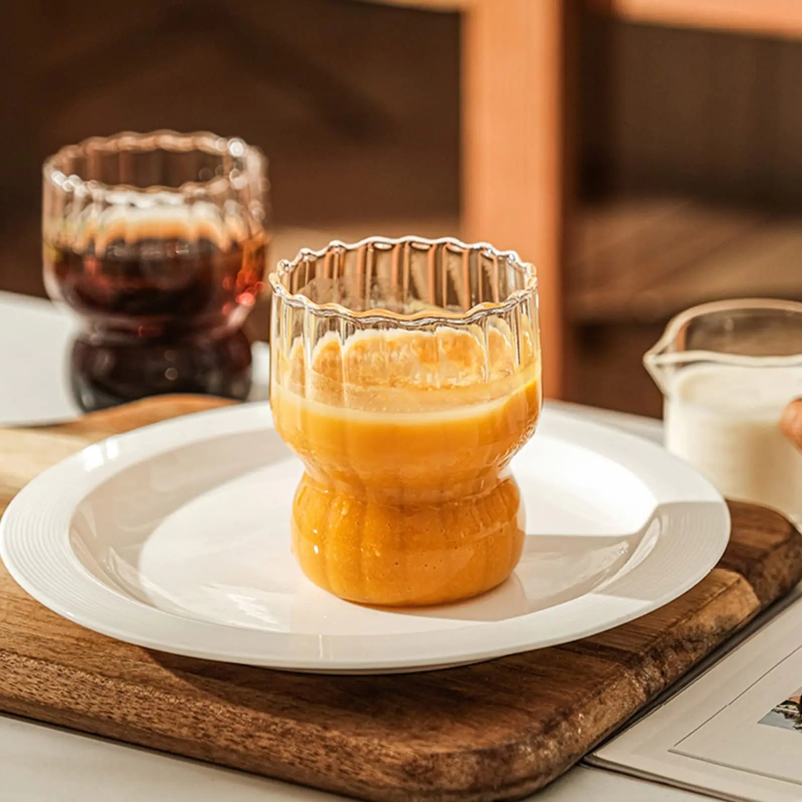 KWQBHW 4 Pcs Ribbed Glass Cups 10oz Ripple Drinking Glasses Set Vintage Wave Shape Iced Coffee Glasses Beverage Glasses for Cocktail Beverage Juice Milk