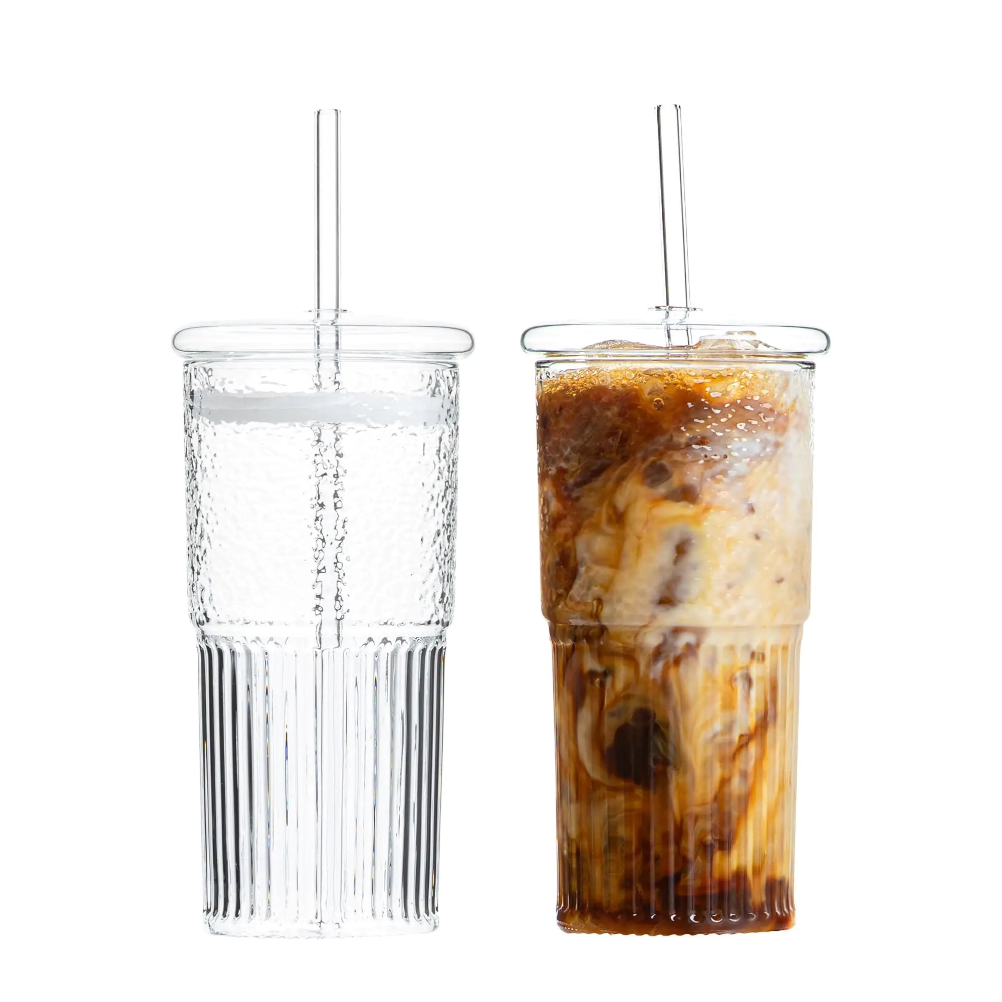 BARONNI Glass Cups with Lids & Glass Straws 20 Ounce High Borosilicate Iced Coffee Tumbler 2 Pack